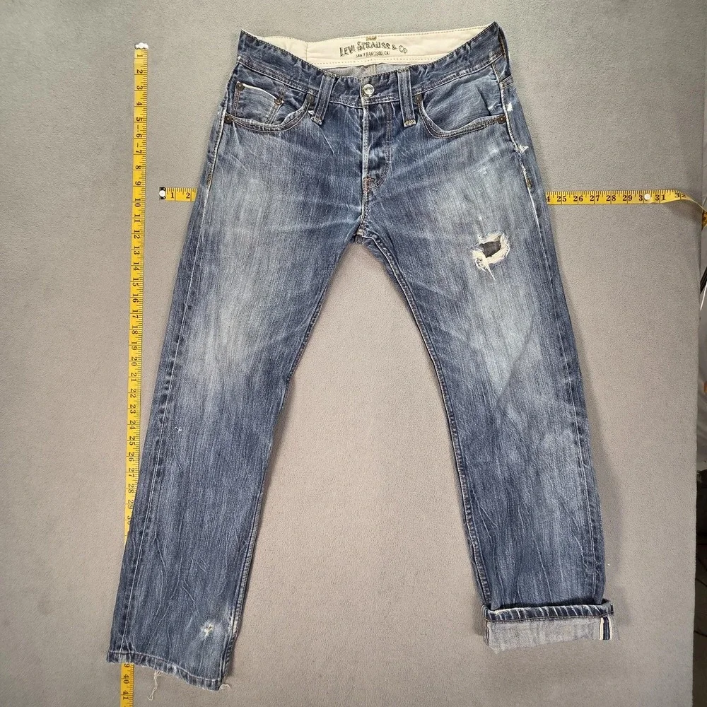 Levis 501 Jeans Mens Selvedge Blue Straight Whiskers Altered Hem Fits 30x29